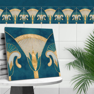 Egyptische Bloemengrens - Aqua Blue Marmer en Goud Tegeltje