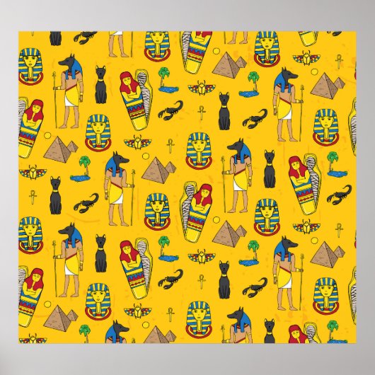 Egyptische elementen, Anubis, piramides patroon. Poster (Voorkant)