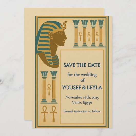 Egyptische Farao & Ankh Gouden Save the Date (Voorkant / Achterkant)