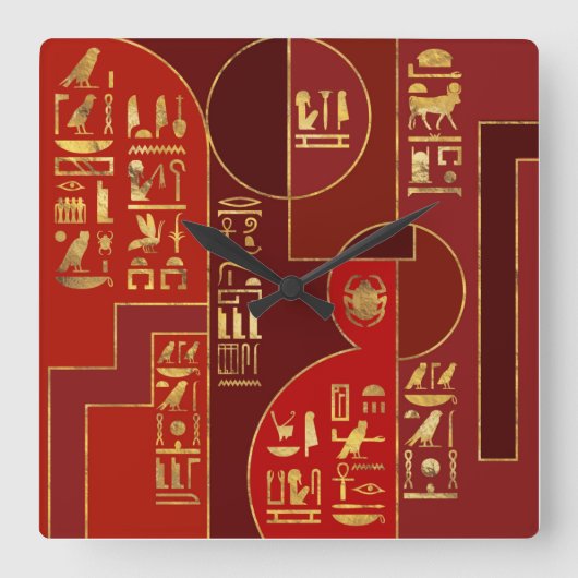 Egyptische Geometric Art Deco Red en Gold Vierkante Klok (Voorkant)