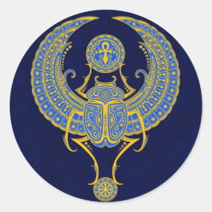 Egyptische gevleugelde scarabee, blauw ronde sticker
