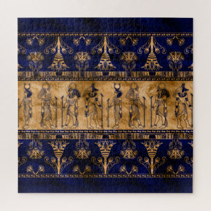 Egyptische goden en ornamentegrens - blauw goud legpuzzel