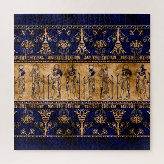 Egyptische goden en ornamentegrens - blauw goud legpuzzel (Verticaal)
