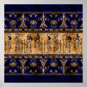 Egyptische goden en ornamentegrens - blauw goud poster