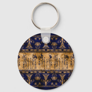 Egyptische goden en ornamentegrens - blauw goud sleutelhanger
