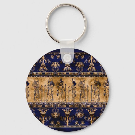 Egyptische goden en ornamentegrens - blauw goud sleutelhanger (Voorkant)