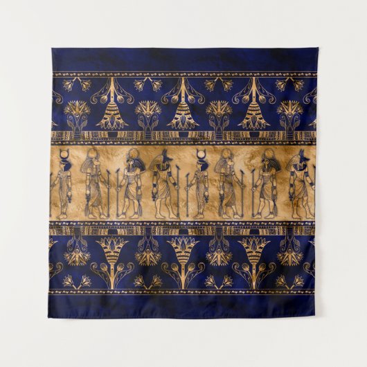 Egyptische goden en ornamentegrens - blauw goud wandkleed (Voorkant)