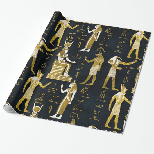Egyptische goden Gold en wit op donker glas Cadeaupapier (Uitgerold)