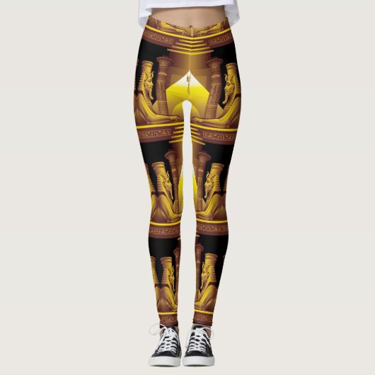 Egyptische Godin, Goud op Zwarte Tempel Leggings (Voorkant)