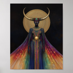 Egyptische Godin Hathor Regenboog Goud Zwarte Kuns Poster