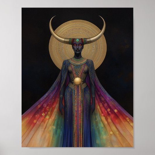 Egyptische Godin Hathor Regenboog Goud Zwarte Kuns Poster (Voorkant)