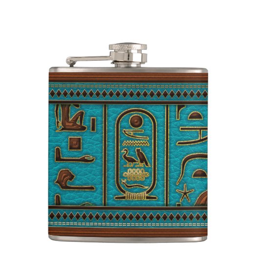 Egyptische gouden lederen hiërogliefen over blauwg heupfles (Voorkant)