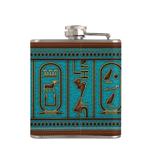 Egyptische gouden lederen hiërogliefen over blauwg heupfles (Achterkant)