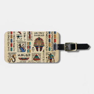 Egyptische hiërogliefen en goden op papyrus bagagelabel