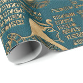 Egyptische hiërogliefen en godheden - Goud op blau Cadeaupapier (Rol Hoek)