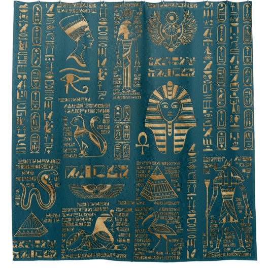 Egyptische hiërogliefen en godheden - Goud op blau Douchegordijn (Voorkant)
