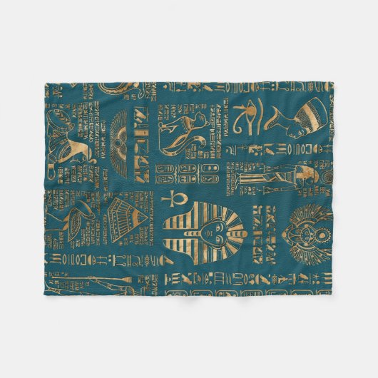 Egyptische hiërogliefen en godheden - Goud op blau Fleece Deken (Voorkant (Horizontaal))