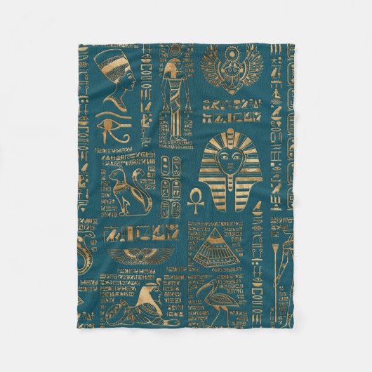 Egyptische hiërogliefen en godheden - Goud op blau Fleece Deken (Voorkant)