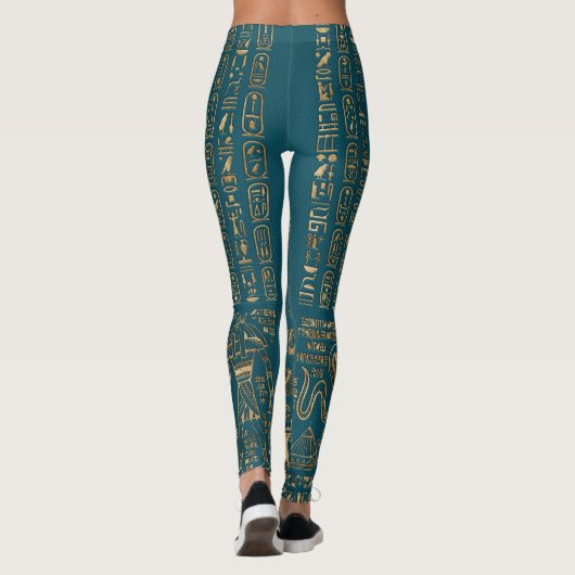 Egyptische hiërogliefen en godheden - Goud op blau Leggings (Achterkant)
