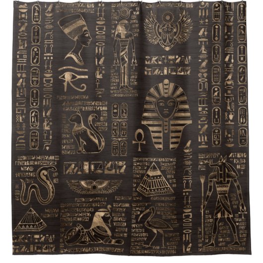 Egyptische hiërogliefen en godheden - goud op hout douchegordijn (Voorkant)
