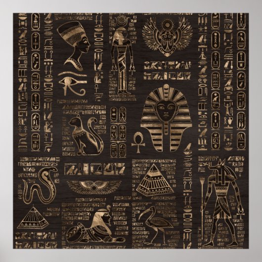 Egyptische hiërogliefen en godheden - goud op hout poster (Voorkant)