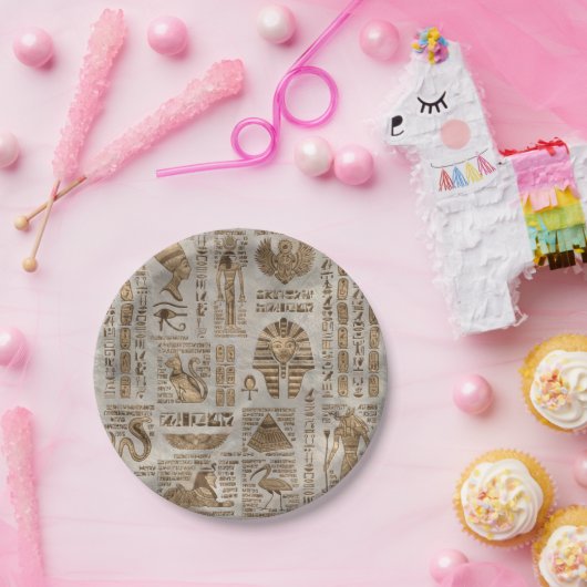 Egyptische hiërogliefen en godheden -  goud papieren bordje (Feest)
