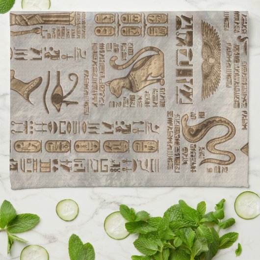 Egyptische hiërogliefen en godheden -  goud theedoek (Gevouwen)