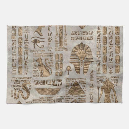 Egyptische hiërogliefen en godheden -  goud theedoek (Horizontaal)