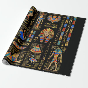 Egyptische hiërogliefen en godheden in zwart cadeaupapier