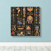 Egyptische hiërogliefen en godheden in zwart canvas afdruk (Insitu (Houten vloer))