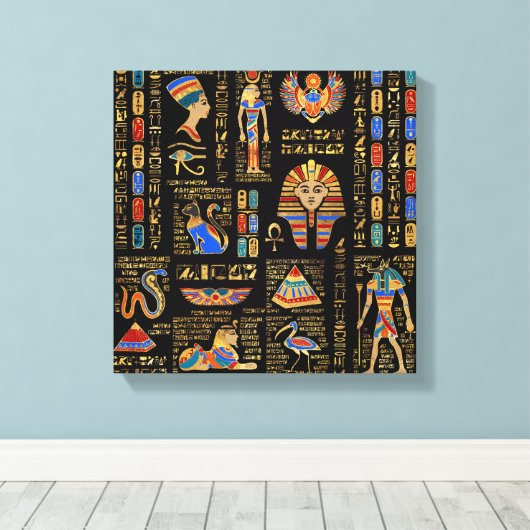 Egyptische hiërogliefen en godheden in zwart canvas afdruk (Insitu (Houten vloer))
