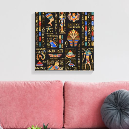 Egyptische hiërogliefen en godheden in zwart canvas afdruk (Insitu (Woonkamer))
