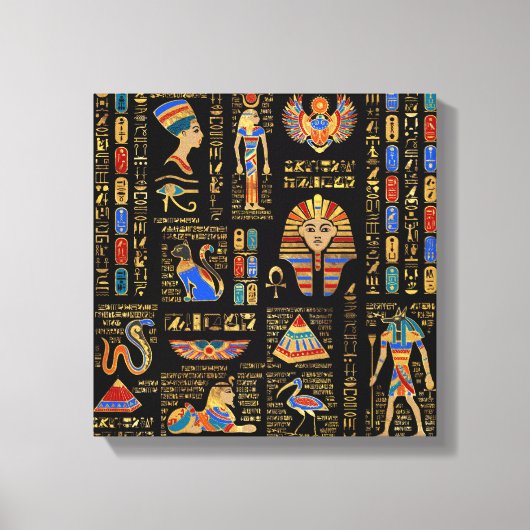 Egyptische hiërogliefen en godheden in zwart canvas afdruk (Voorkant)