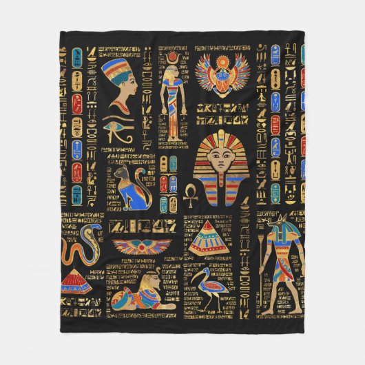 Egyptische hiërogliefen en godheden in zwart fleece deken (Voorkant)