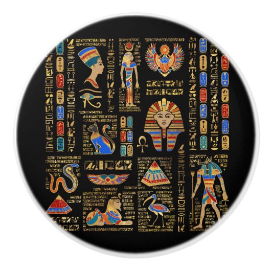 Egyptische hiërogliefen en godheden in zwart keramische knop (Voorkant)
