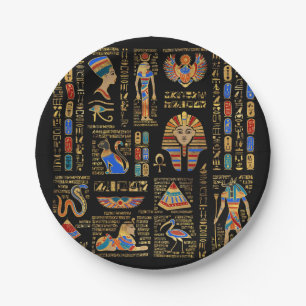 Egyptische hiërogliefen en godheden in zwart papieren bordje