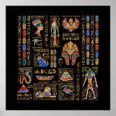Egyptische hiërogliefen en godheden in zwart poster (Voorkant)