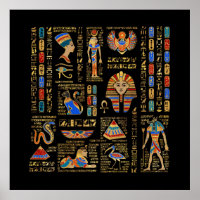 Egyptische hiërogliefen en godheden in zwart