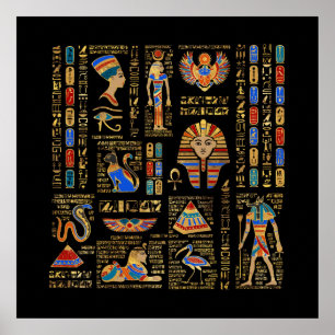 Egyptische hiërogliefen en godheden in zwart poster