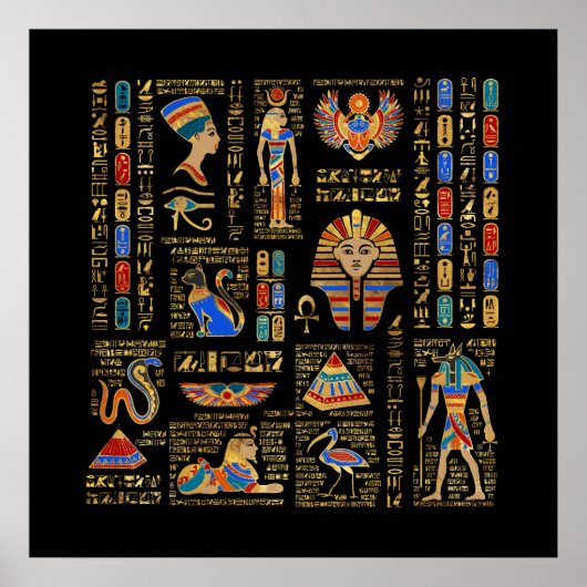 Egyptische hiërogliefen en godheden in zwart poster (Voorkant)