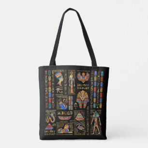 Egyptische hiërogliefen en godheden in zwart tote bag