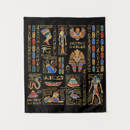 Egyptische hiërogliefen en godheden in zwart wandkleed (Voorkant)