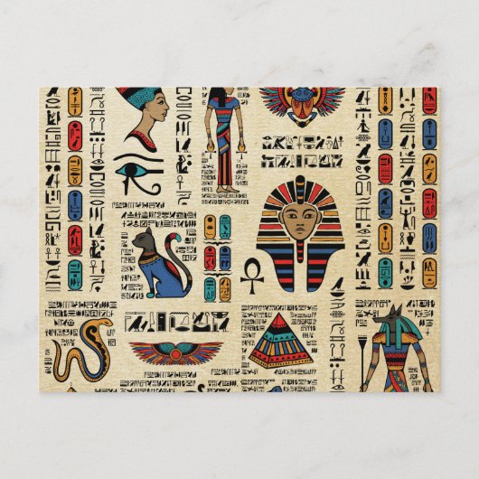 Egyptische hiërogliefen en godheden op papyrus briefkaart (Voorkant)