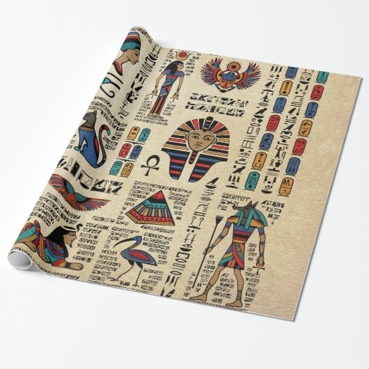 Egyptische hiërogliefen en godheden op papyrus cadeaupapier (Uitgerold)