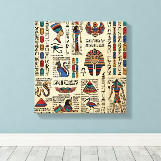 Egyptische hiërogliefen en godheden op papyrus canvas afdruk (Insitu (Houten vloer))