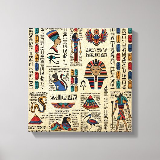 Egyptische hiërogliefen en godheden op papyrus canvas afdruk (Voorkant)