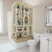 Egyptische hiërogliefen en godheden op papyrus douchegordijn (In situ)