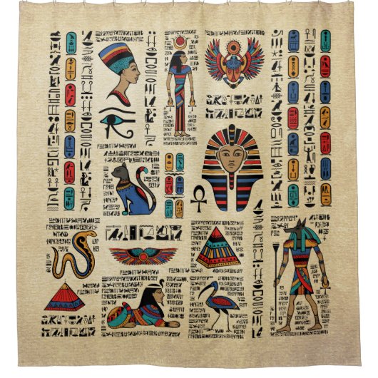 Egyptische hiërogliefen en godheden op papyrus douchegordijn (Voorkant)