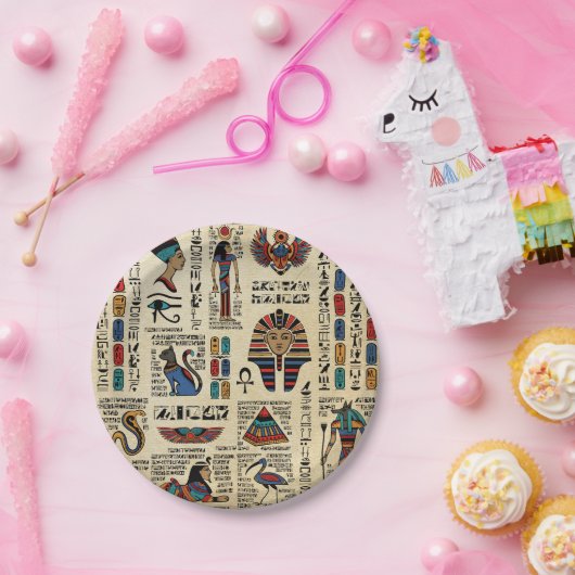 Egyptische hiërogliefen en godheden op papyrus papieren bordje (Feest)