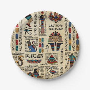 Egyptische hiërogliefen en godheden op papyrus papieren bordje